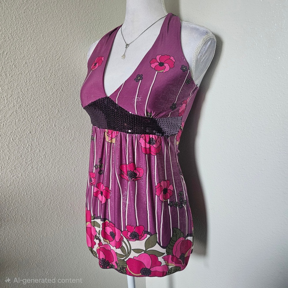 Wet Seal Vintage Y2K Purple Floral Sequin Halter Top Babydoll Shimmer